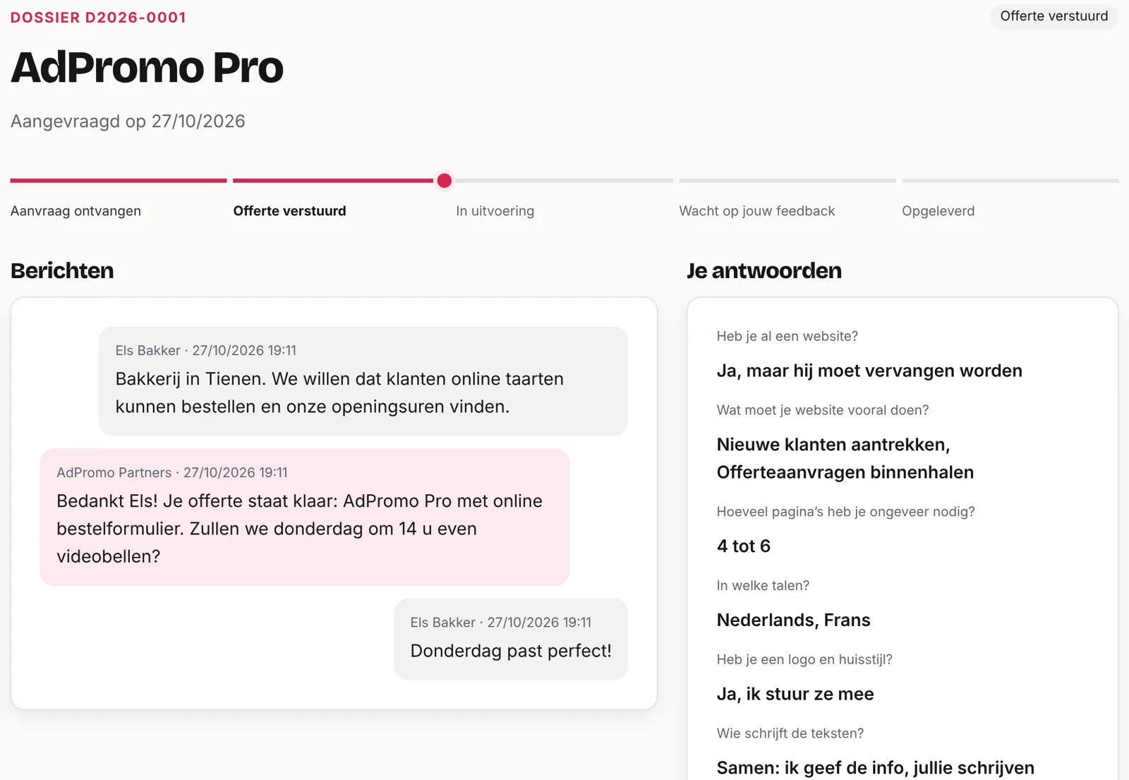 Exemple de dossier : avancement, messages et réponses
